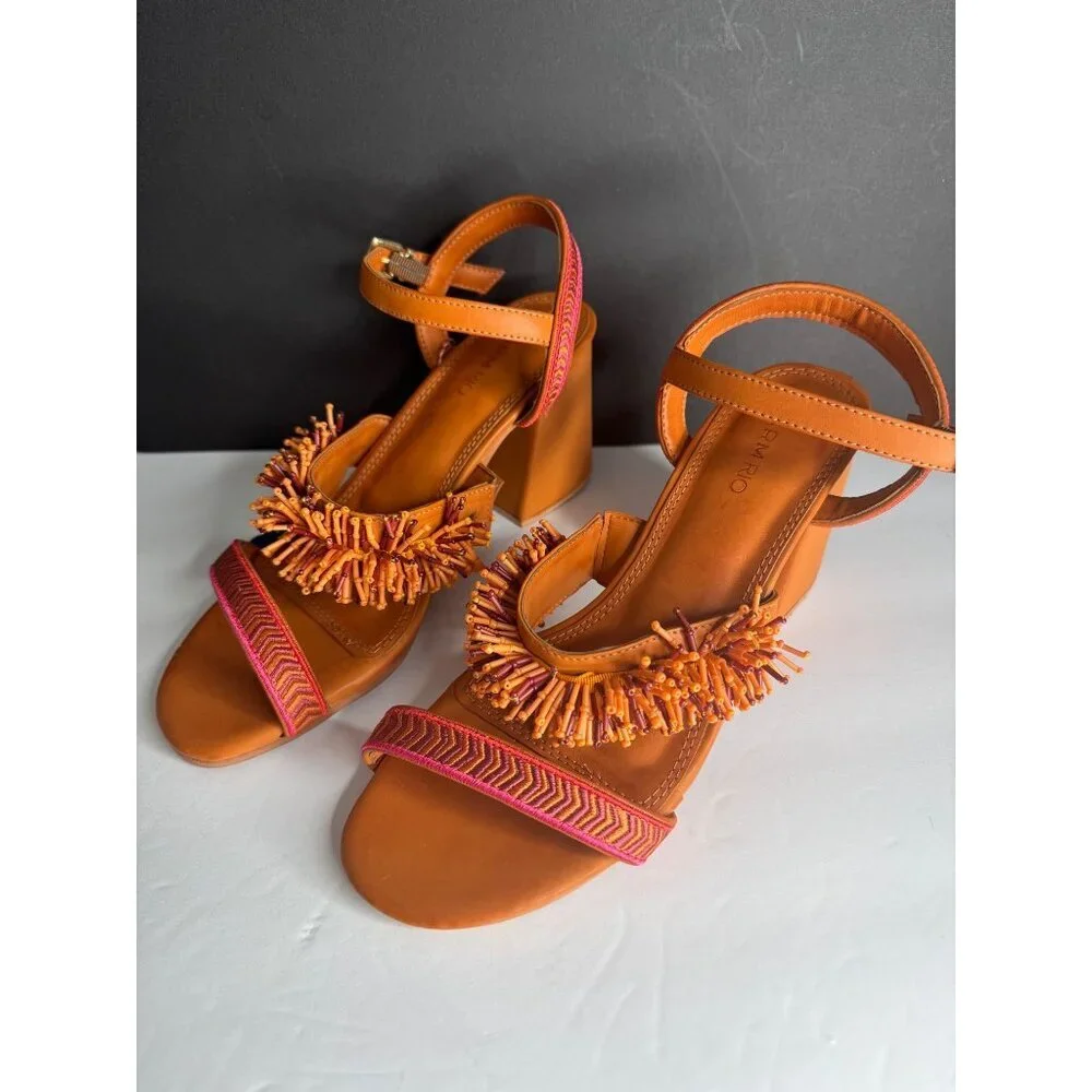 NIB FARM Rio Pink Shiny Heeled Sandal Beaded Fringe Embroidered US 8 EU 39